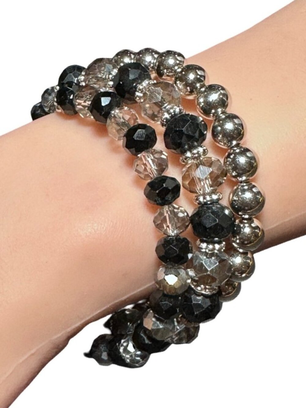 Wrap Bangle Bracelet Black White Silver Tone Beaded Lightweight Womens Jewelry